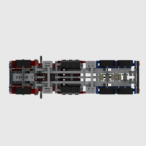 Red with blue chassis brick model close up detail view