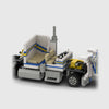 White with blue and yellow stripes Peterbilt 379 brick model close up detail view