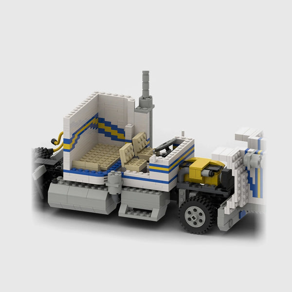White with blue and yellow stripes Peterbilt 379 brick model close up detail view