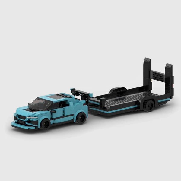 Sports Car with Flatbed Trailer brick model hero view