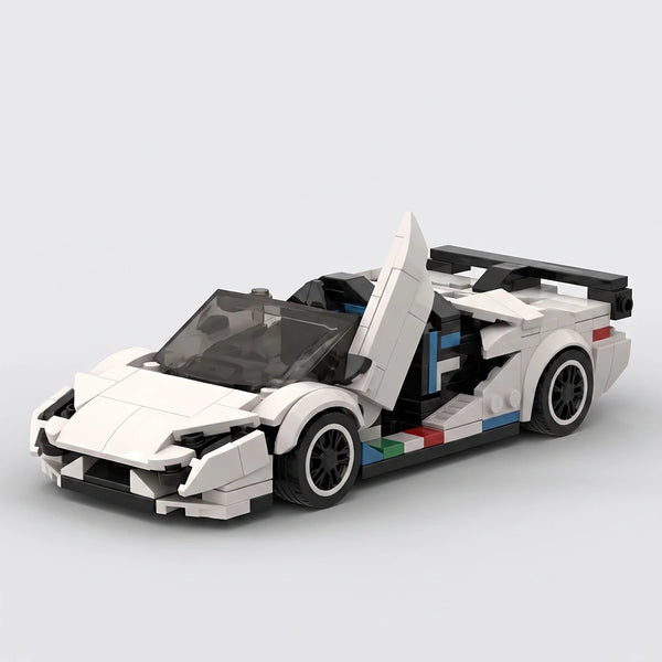White Lamborghini Aventador SVJ brick model front three quarter view with scissor door open