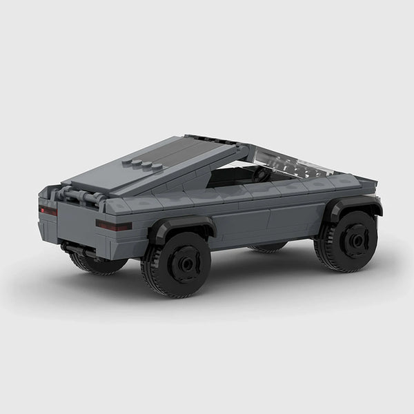 Grey Tesla Cybertruck brick model rear three quarter view