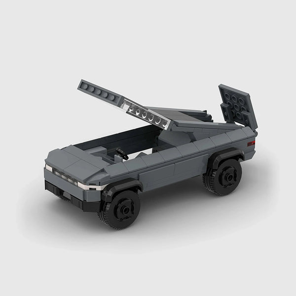 Grey Tesla Cybertruck brick model close up detail view